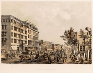 De hoek van State en Washington Streets, Chicago, ca. 1867